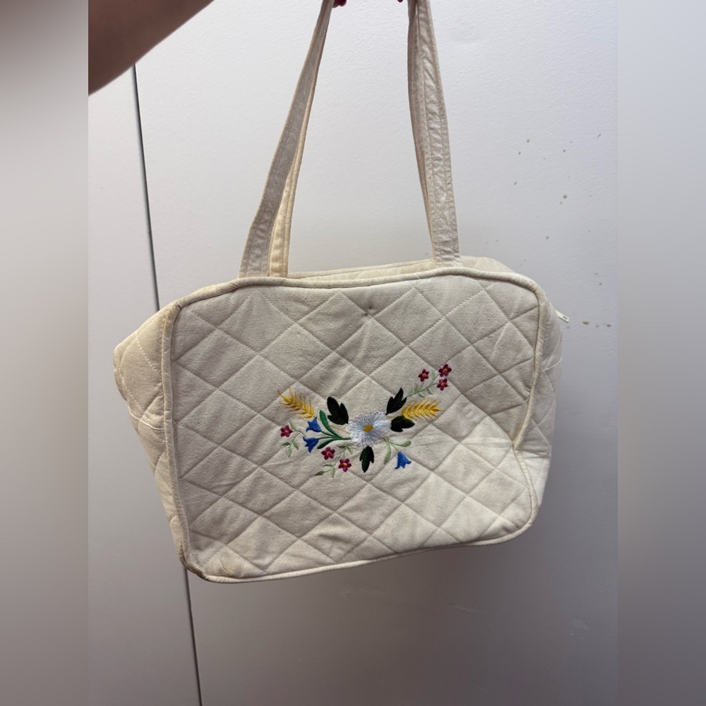 Embroidered Cream Quilted Tote Bag
